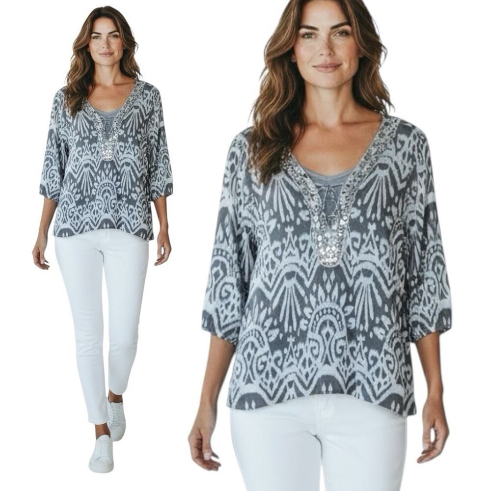 INC 3X Boho Ikat Embellished Sheer Blouse Tunic‎ w Cami Plus Size Sequin V Neck